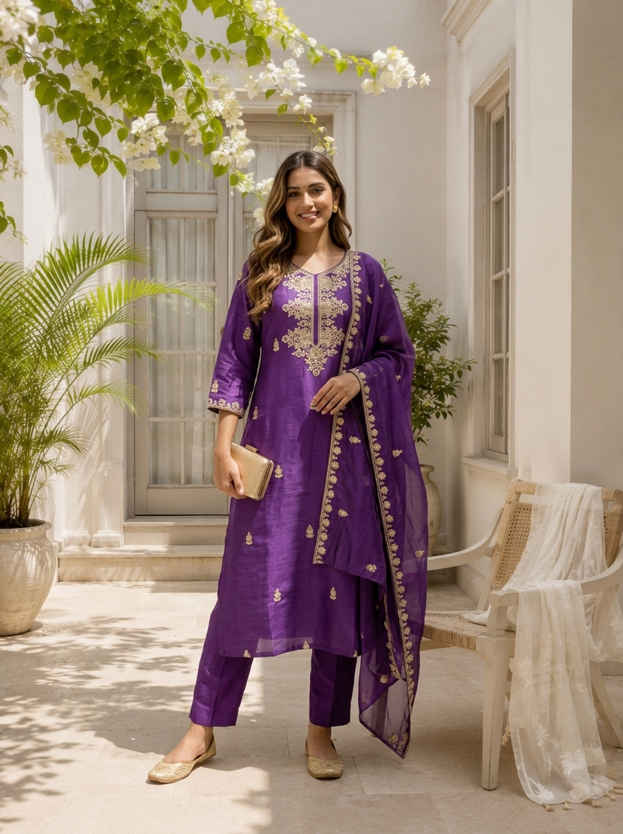 Purple Silk Zari Embroidered Three Piece Set