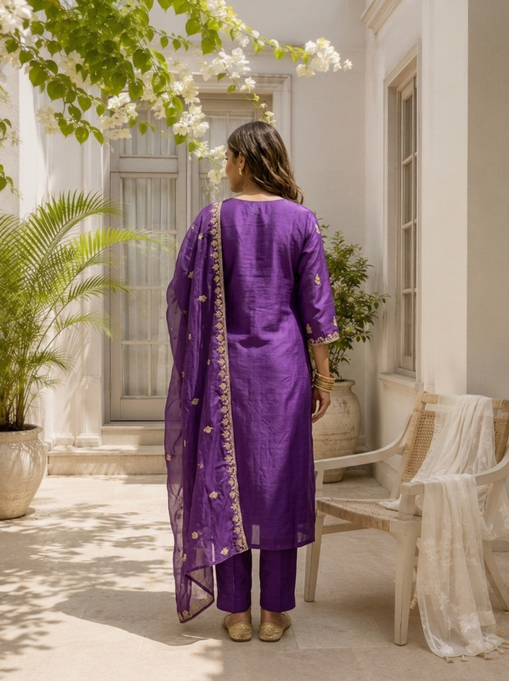 Purple Silk Zari Embroidered Three Piece Set