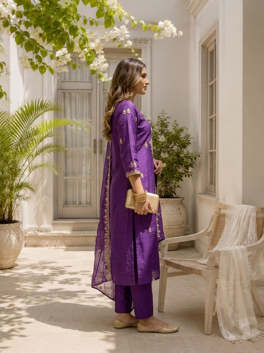 Purple Silk Zari Embroidered Three Piece Set