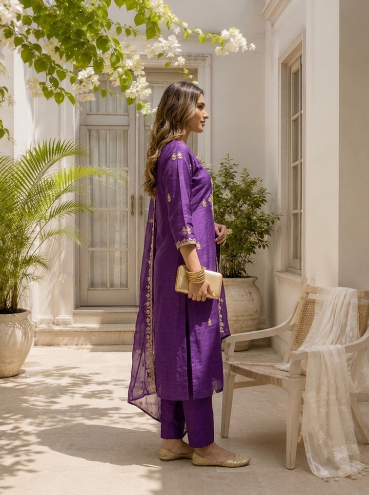 Purple Silk Zari Embroidered Three Piece Set