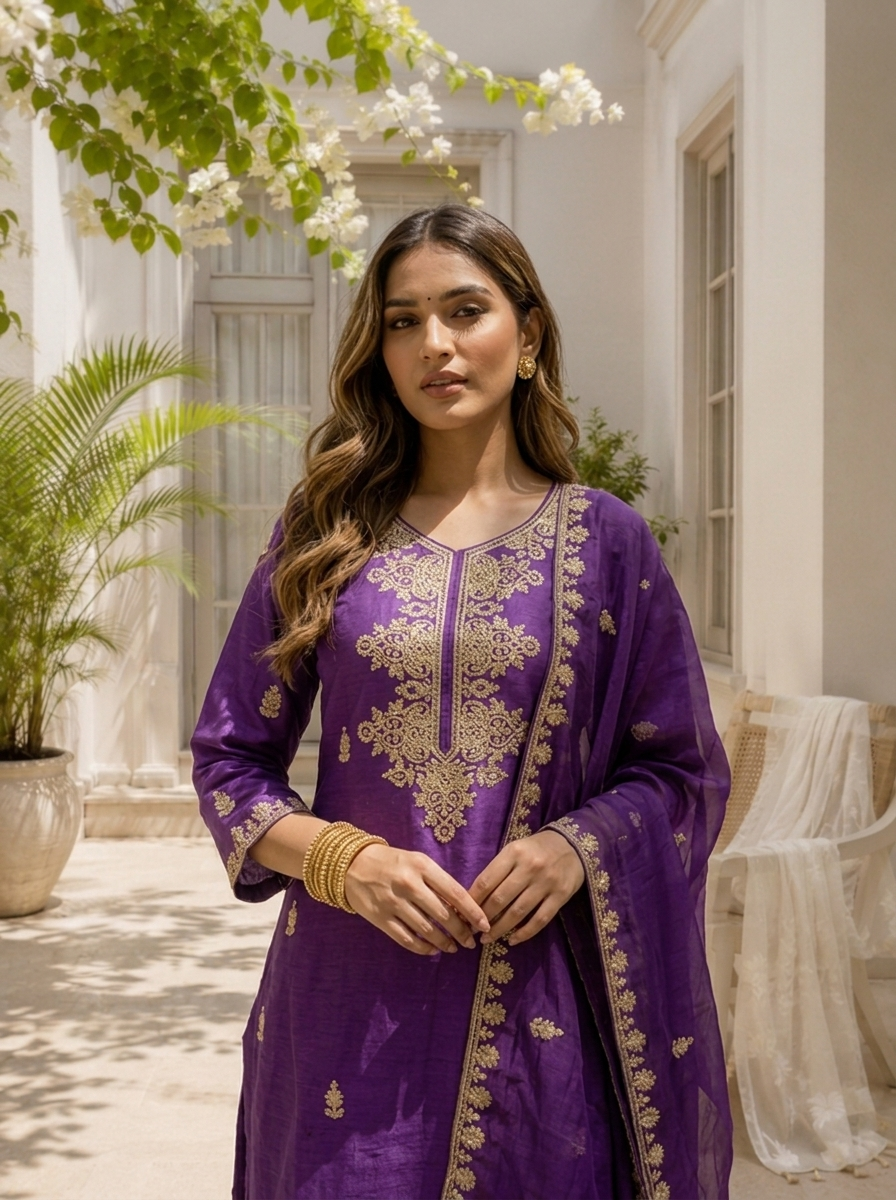 Purple Silk Zari Embroidered Three Piece Set