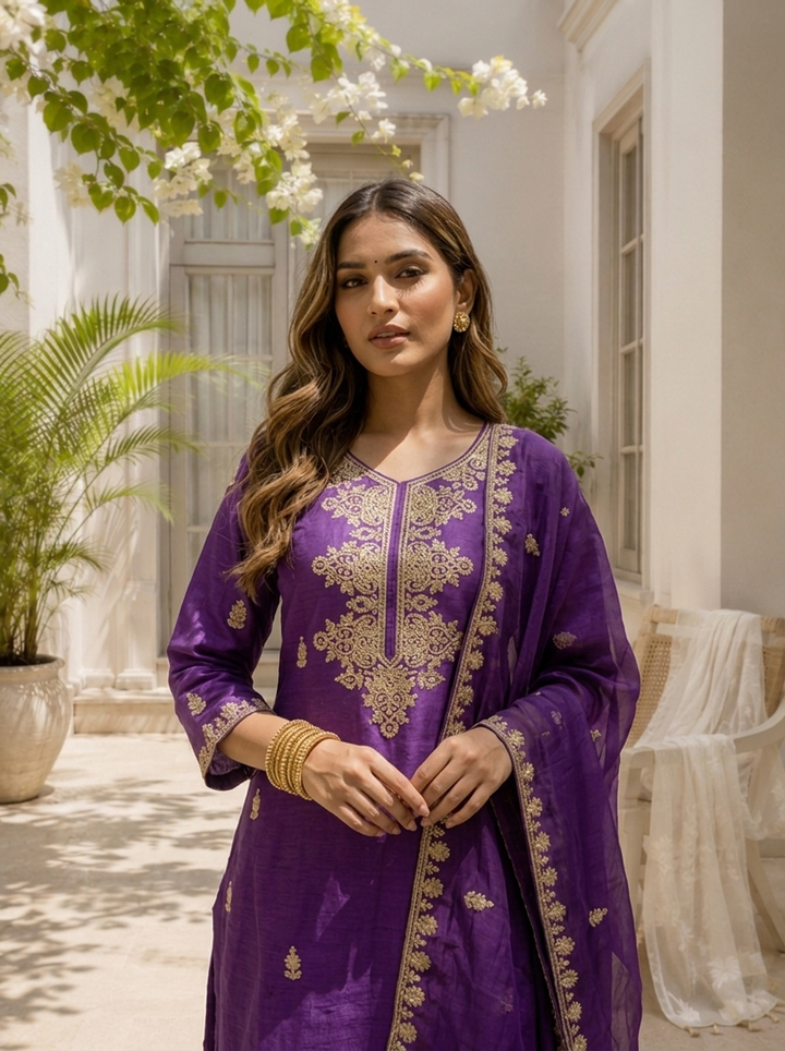 Purple Silk Zari Embroidered Three Piece Set