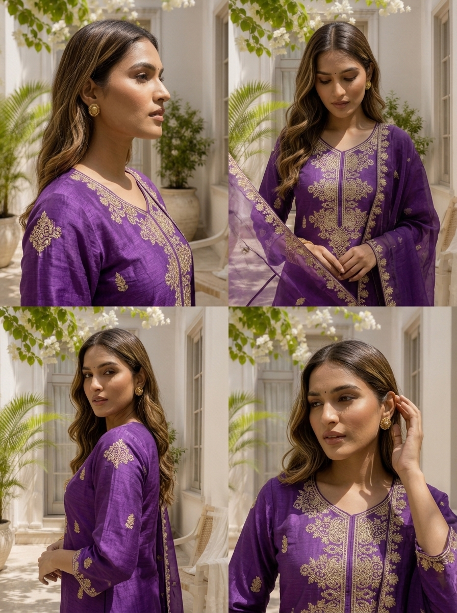 Purple Silk Zari Embroidered Three Piece Set