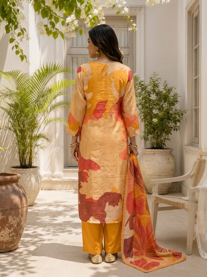 Mustard Silk Abstract Leaf Printed Three Piece Set