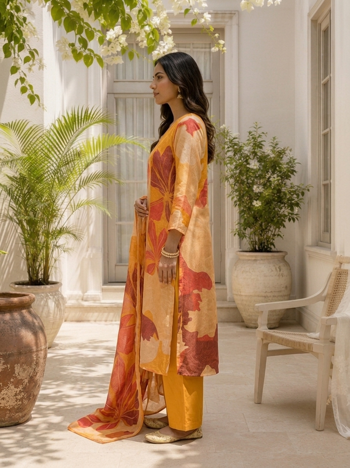Mustard Silk Abstract Leaf Printed Three Piece Set