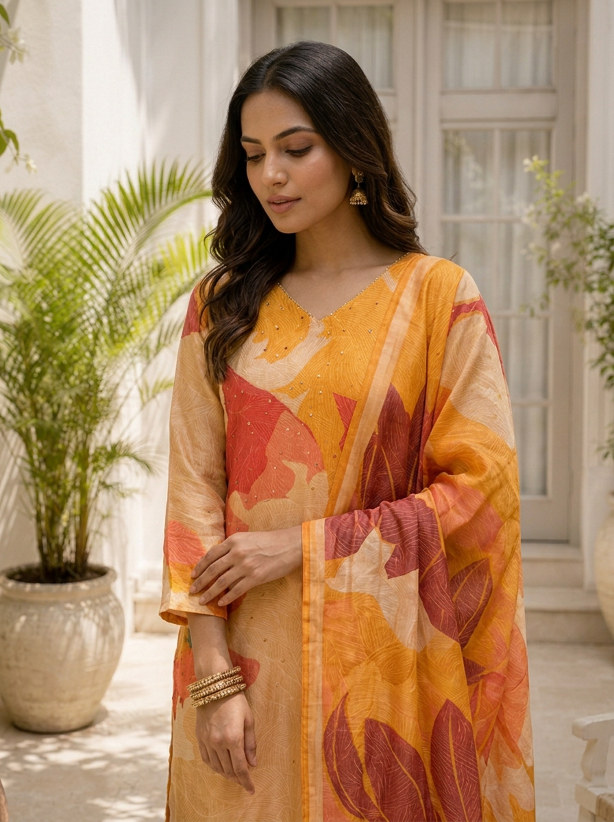 Mustard Silk Abstract Leaf Printed Three Piece Set