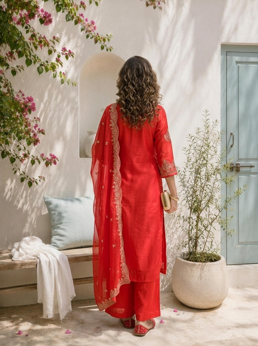 Red Silk Paisley With Side Panel Embroidered Three Piece Set