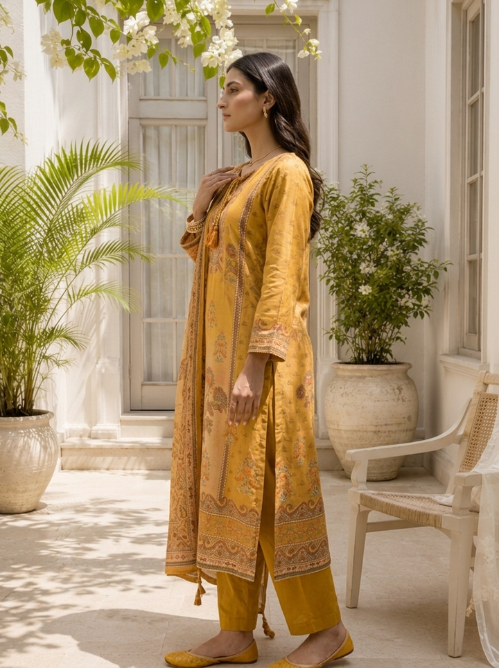 Mustard Muslin Ethnic Motif Printed Three Piece Set