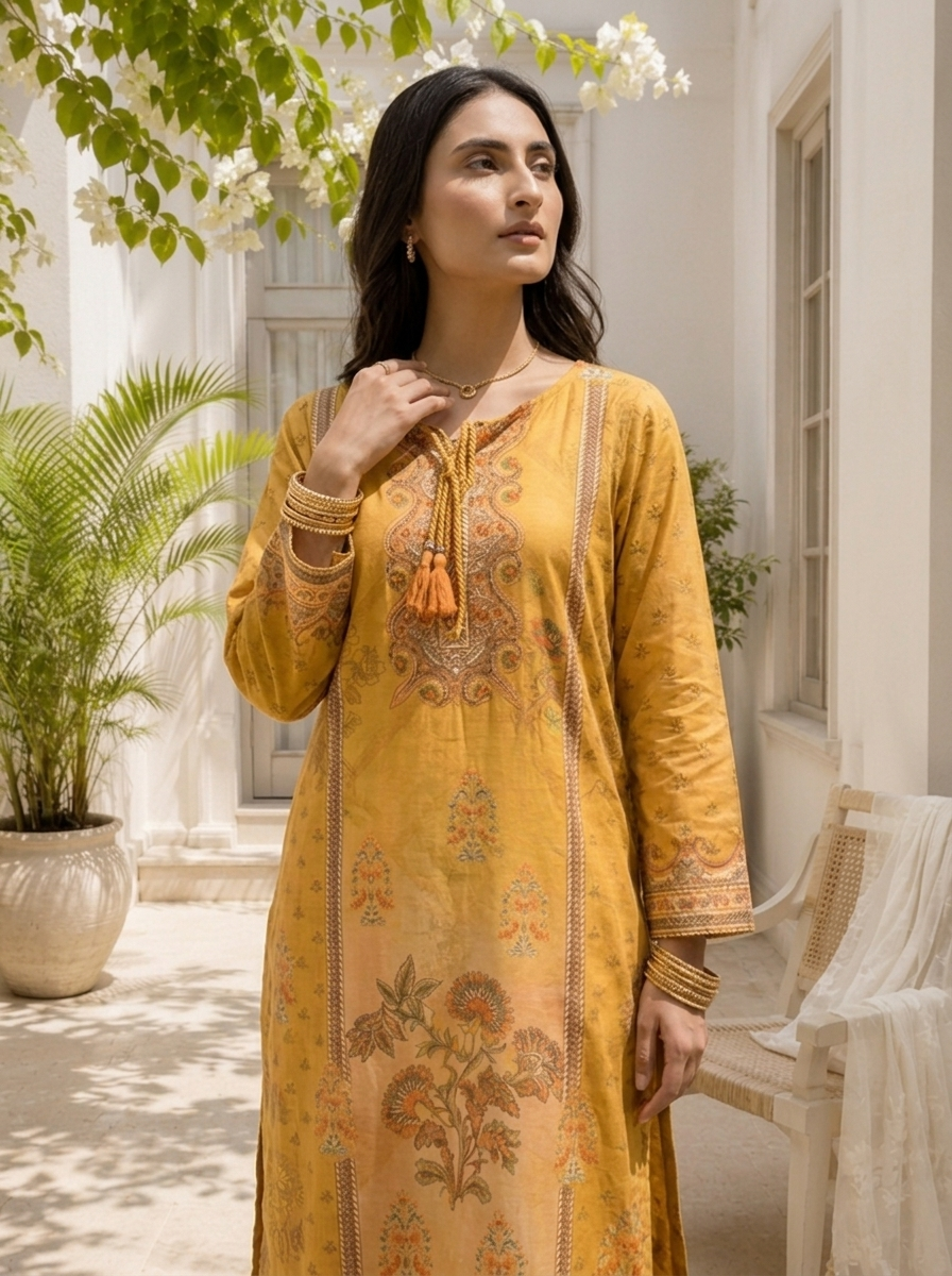 Mustard Muslin Ethnic Motif Printed Three Piece Set