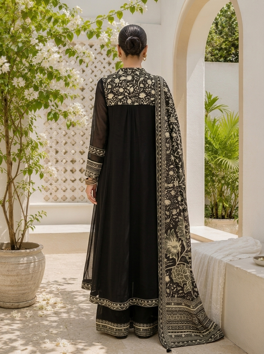 Black Georgette Botanical Printed Three Piece Set