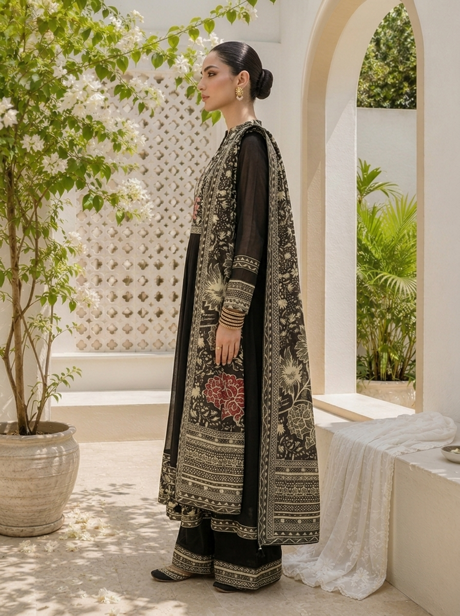 Black Georgette Botanical Printed Three Piece Set