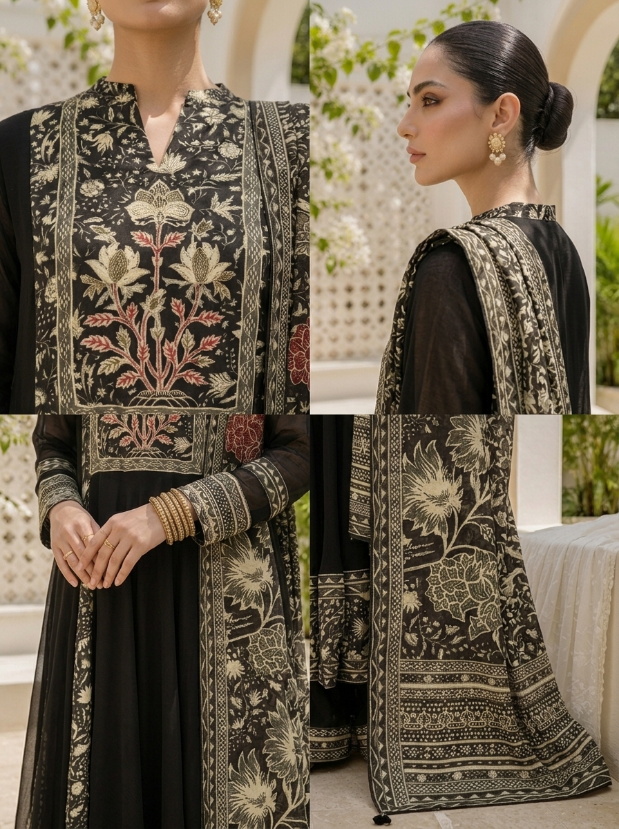 Black Georgette Botanical Printed Three Piece Set