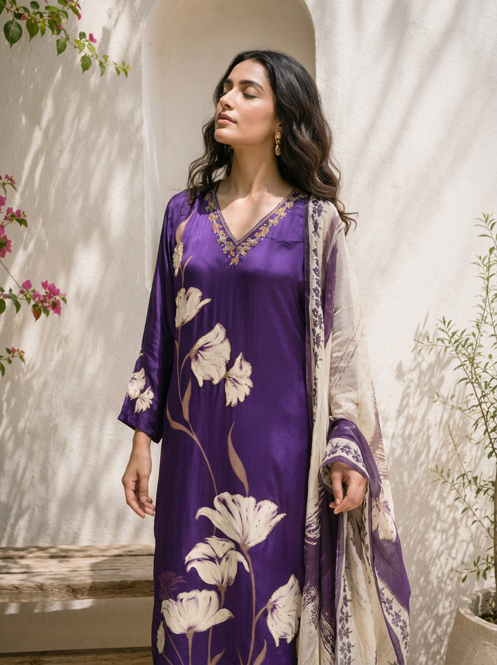 Purple Crepe Floral Printed Three Piece Set