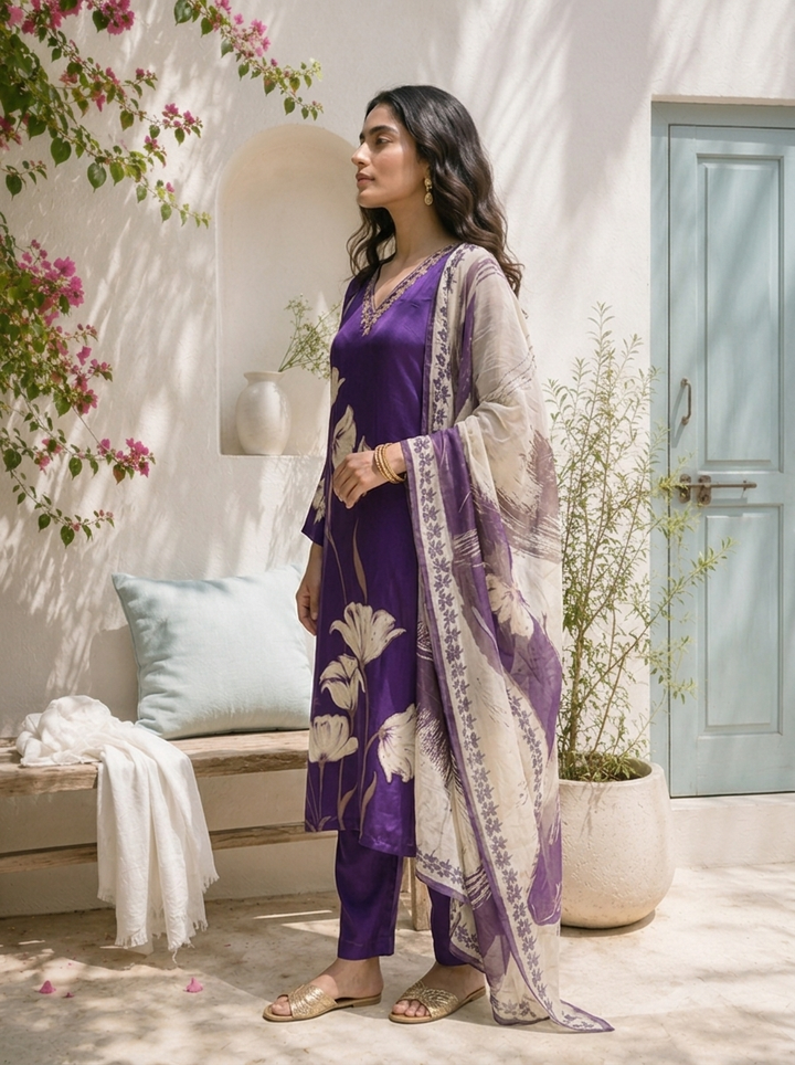 Purple Crepe Floral Printed Three Piece Set