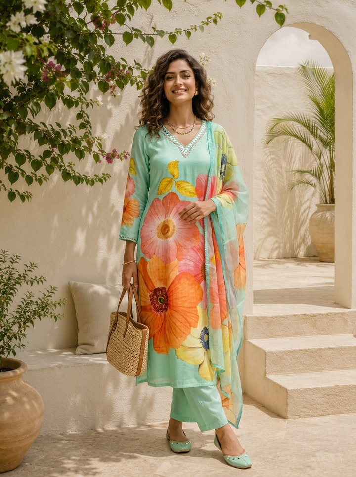 Sea Green Linen Large Floral Printed Three Piece Set