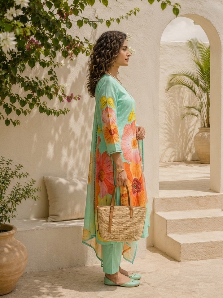 Sea Green Linen Large Floral Printed Three Piece Set