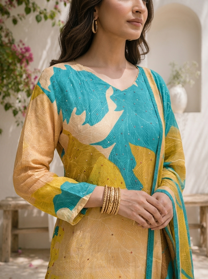 Ferozi Silk Abstract Leaf Printed Three Piece Set