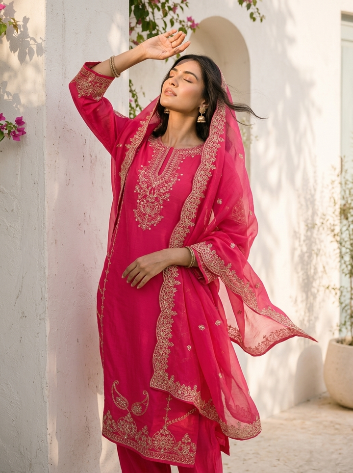 Rani Pink Silk Paisley With Side Panel Embroidered Three Piece Set