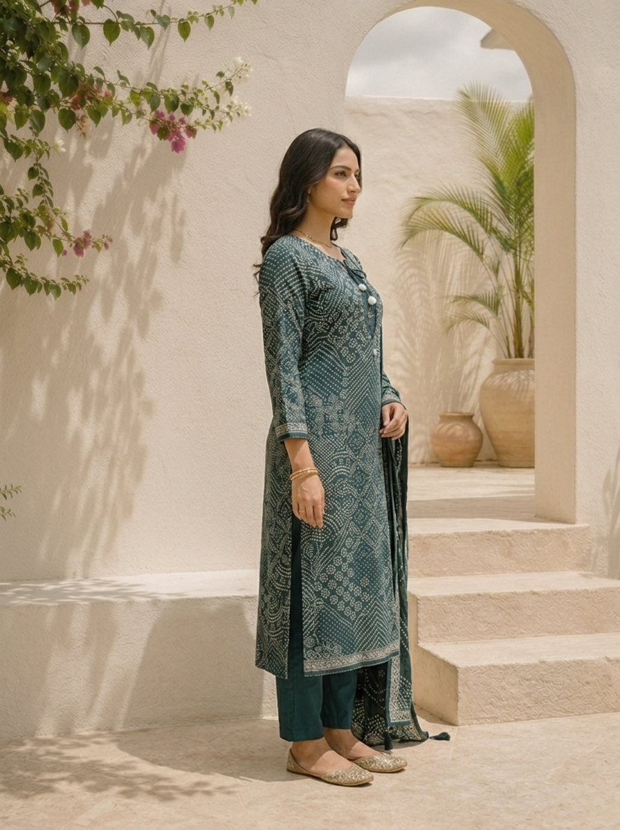 Bottle Green Chinon Bandhani Printed Three Piece Set