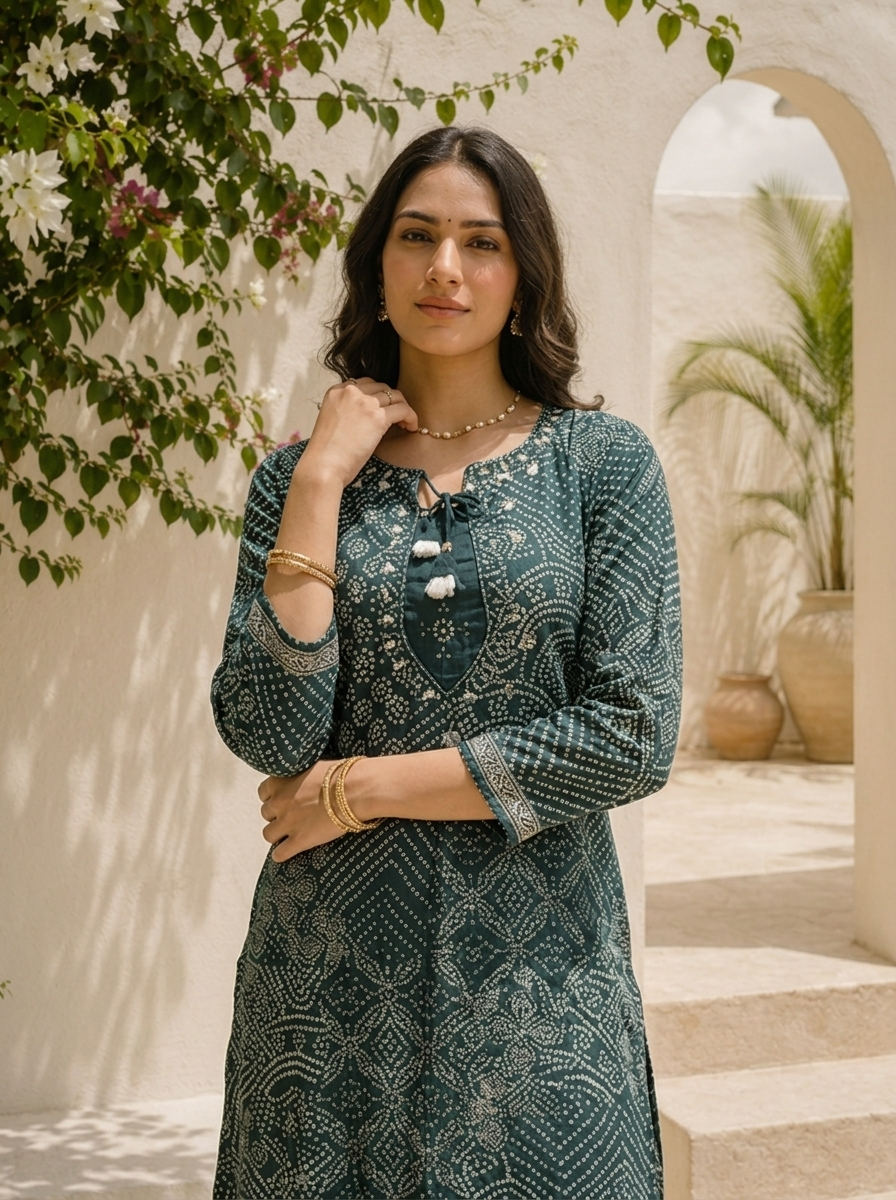 Bottle Green Chinon Bandhani Printed Three Piece Set