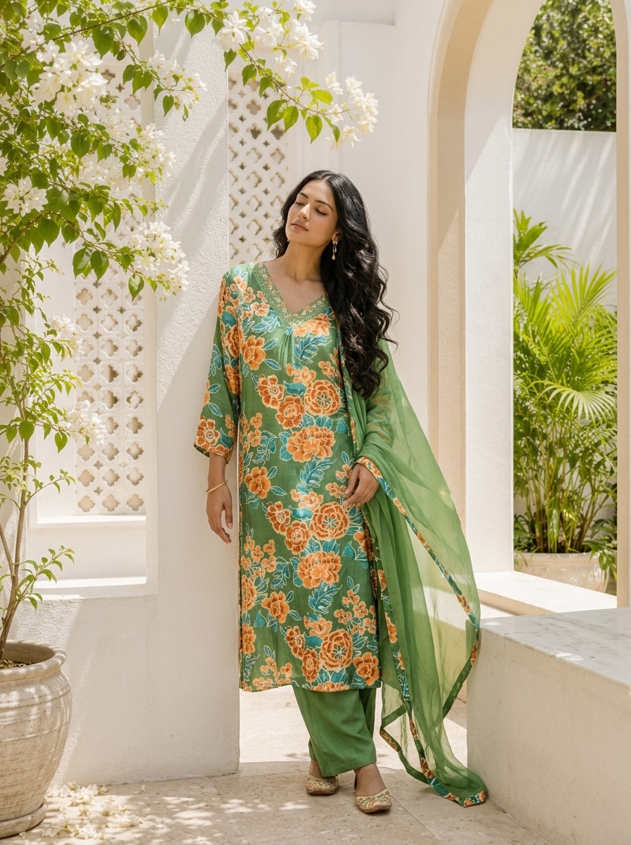 Green Muslin Botanical Printed Three Piece Set