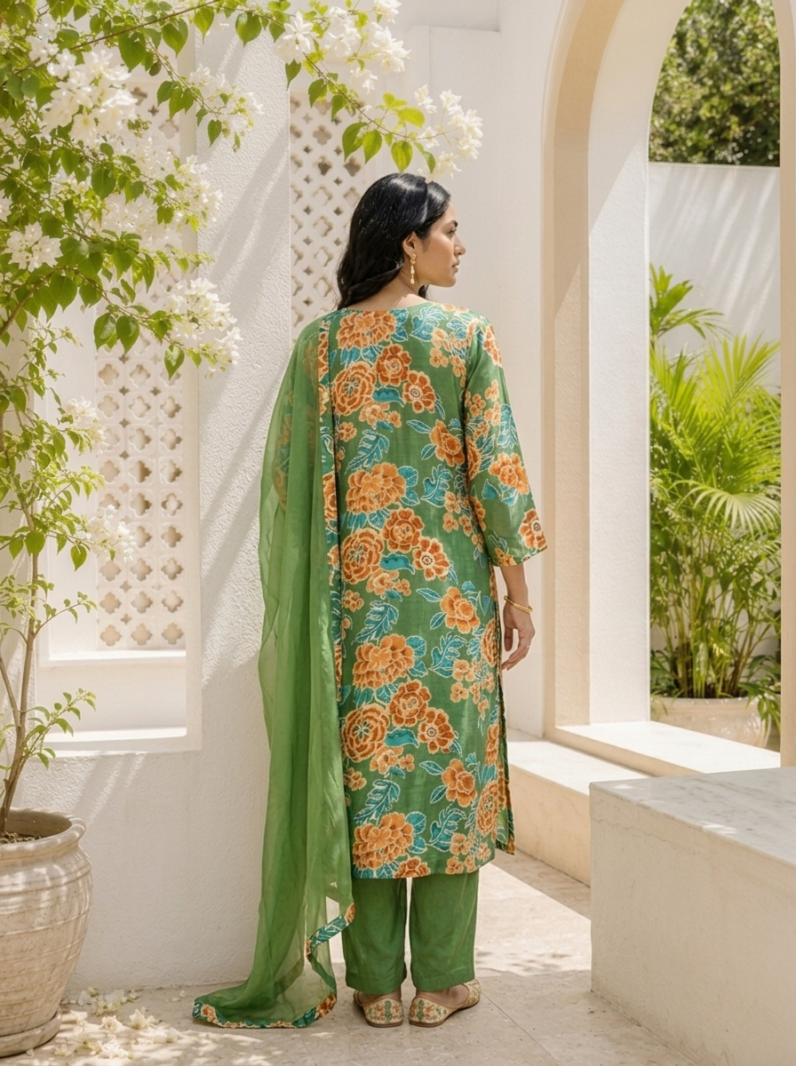 Green Muslin Botanical Printed Three Piece Set