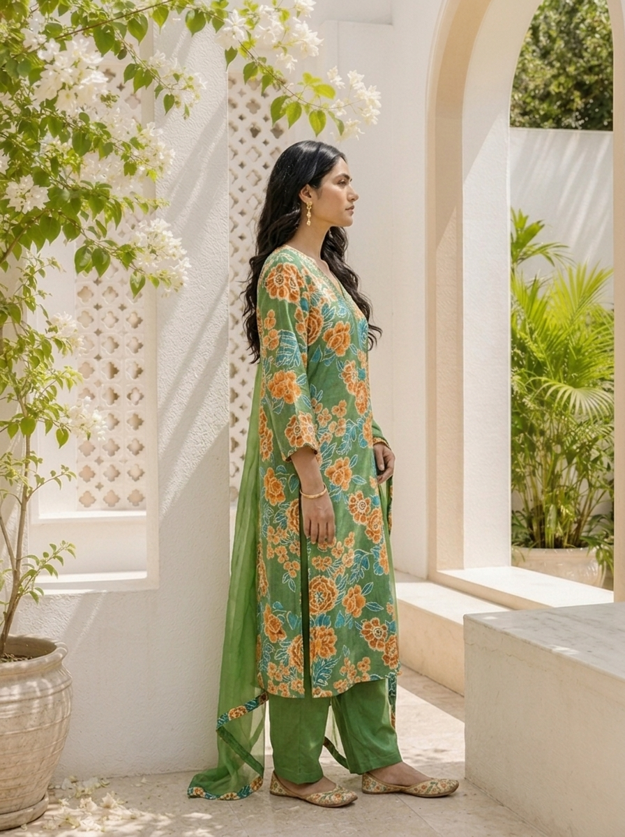 Green Muslin Botanical Printed Three Piece Set