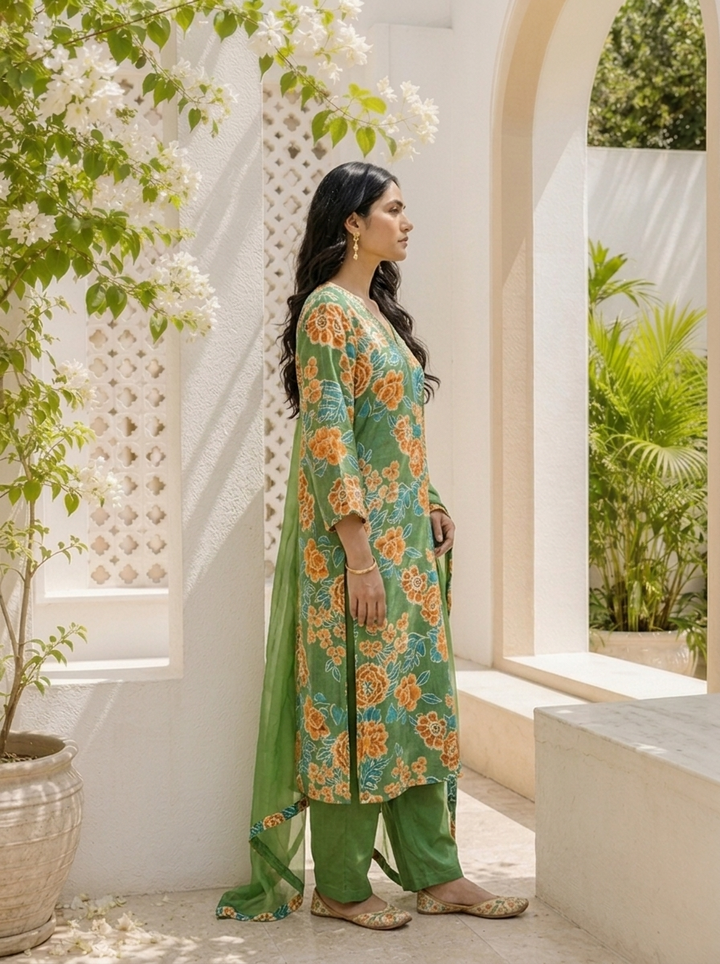 Green Muslin Botanical Printed Three Piece Set