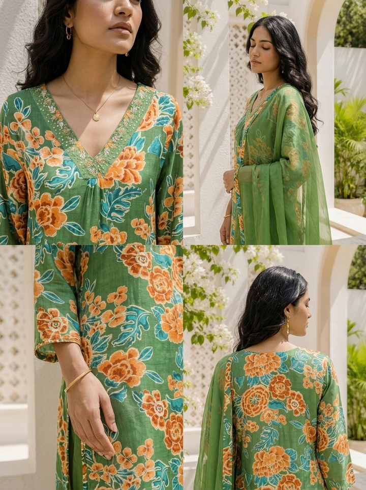 Green Muslin Botanical Printed Three Piece Set