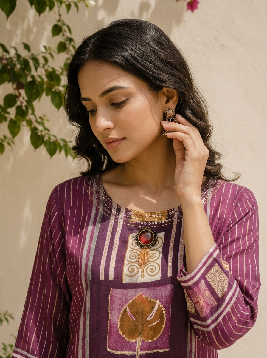 Wine Crepe Ajrakh Printed Two Piece Set
