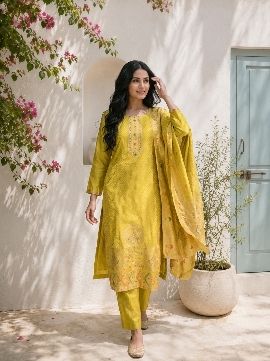 Mehadi Green Silk Ethnic Motif Weaved Three Piece Set