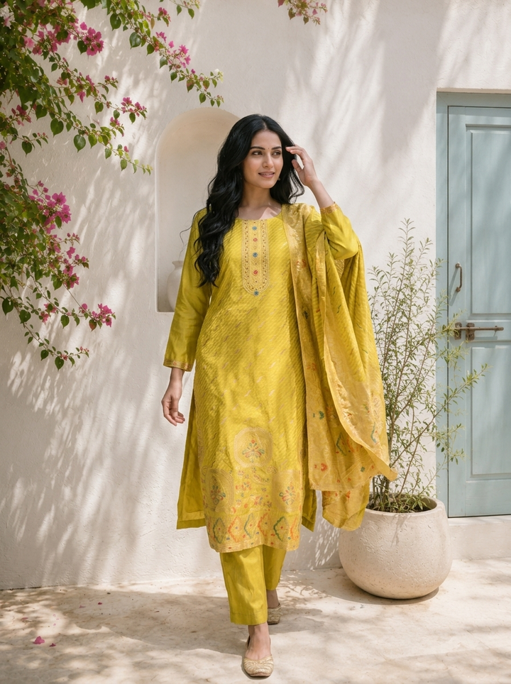 Mehadi Green Silk Ethnic Motif Weaved Three Piece Set
