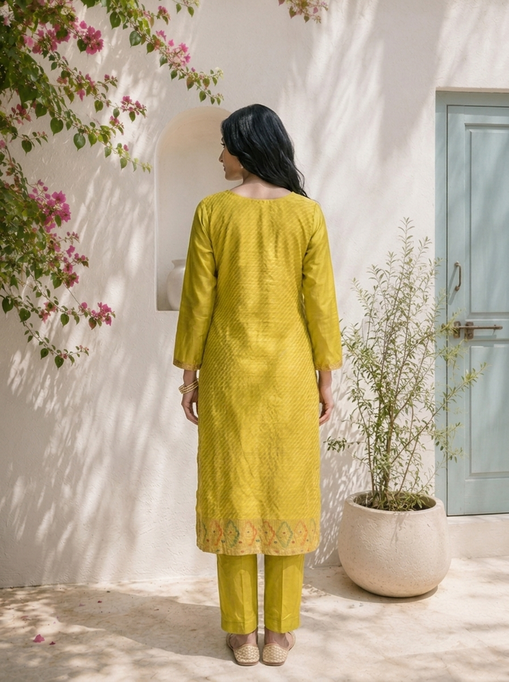 Mehadi Green Silk Ethnic Motif Weaved Three Piece Set