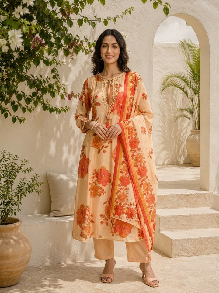 Red Muslin Large Floral Digital Printed Three Piece Set