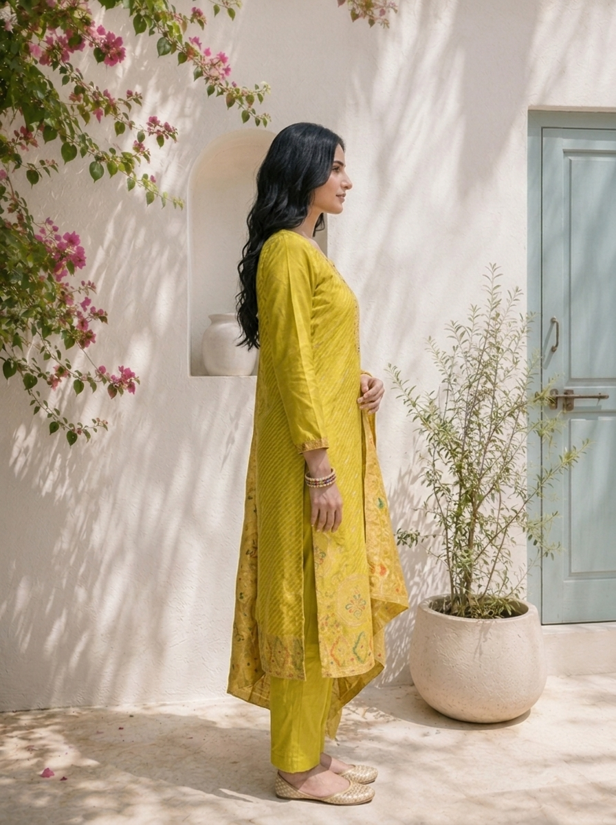Mehadi Green Silk Ethnic Motif Weaved Three Piece Set