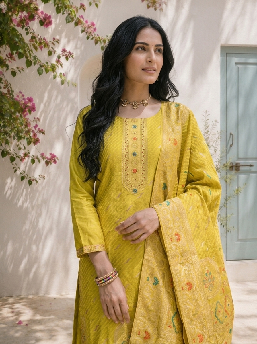 Mehadi Green Silk Ethnic Motif Weaved Three Piece Set