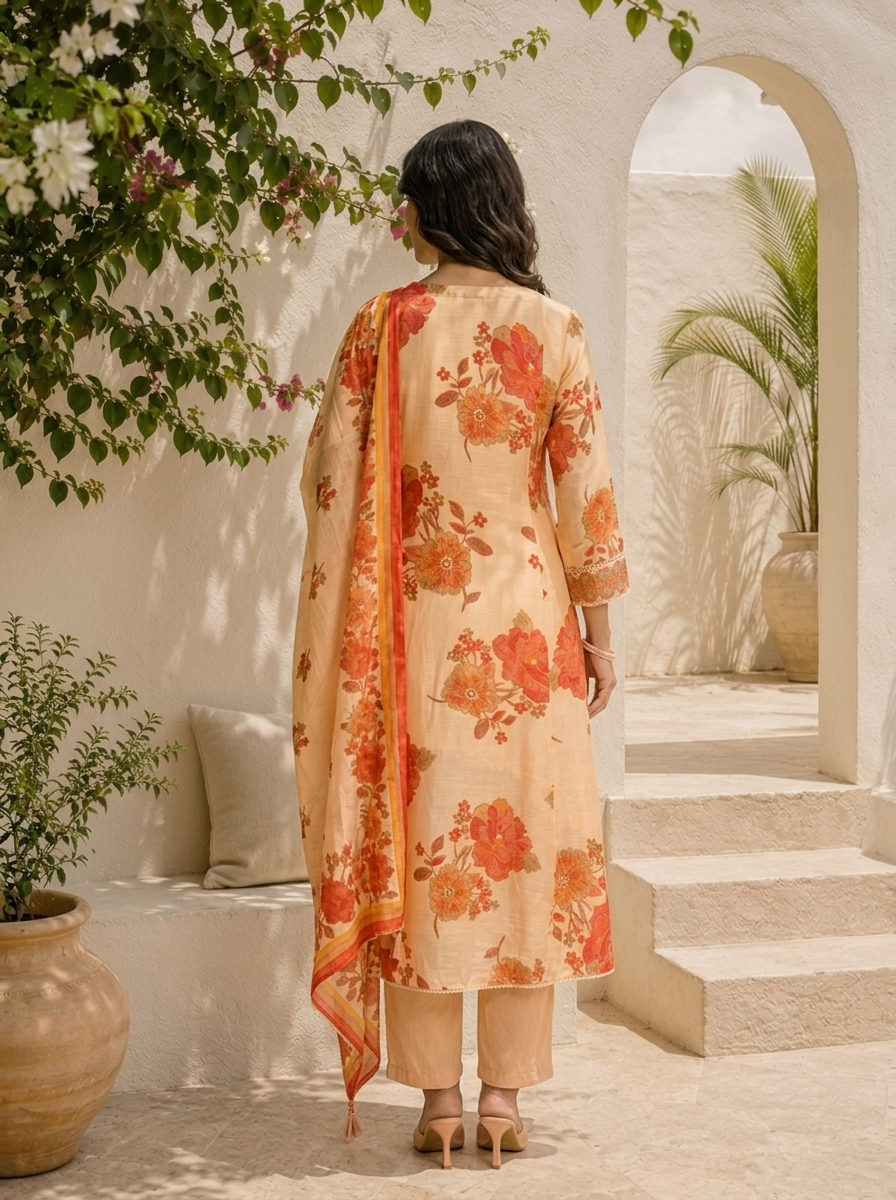 Red Muslin Large Floral Digital Printed Three Piece Set