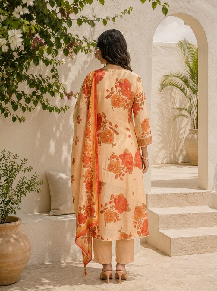 Red Muslin Large Floral Digital Printed Three Piece Set
