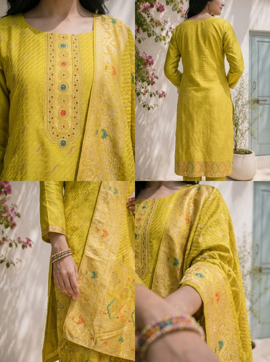 Mehadi Green Silk Ethnic Motif Weaved Three Piece Set