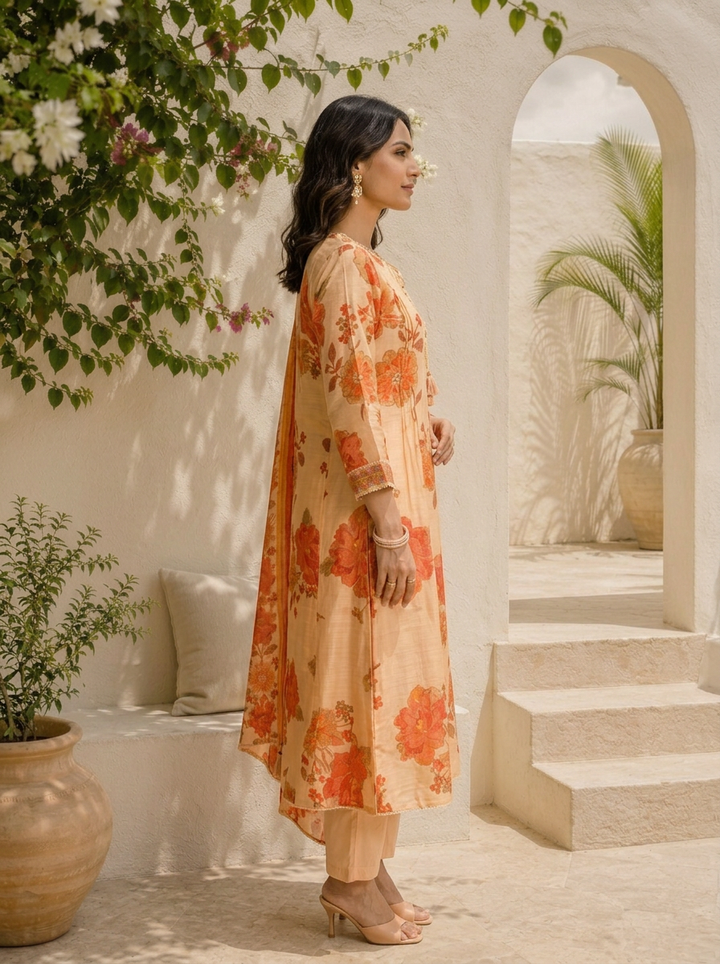 Red Muslin Large Floral Digital Printed Three Piece Set