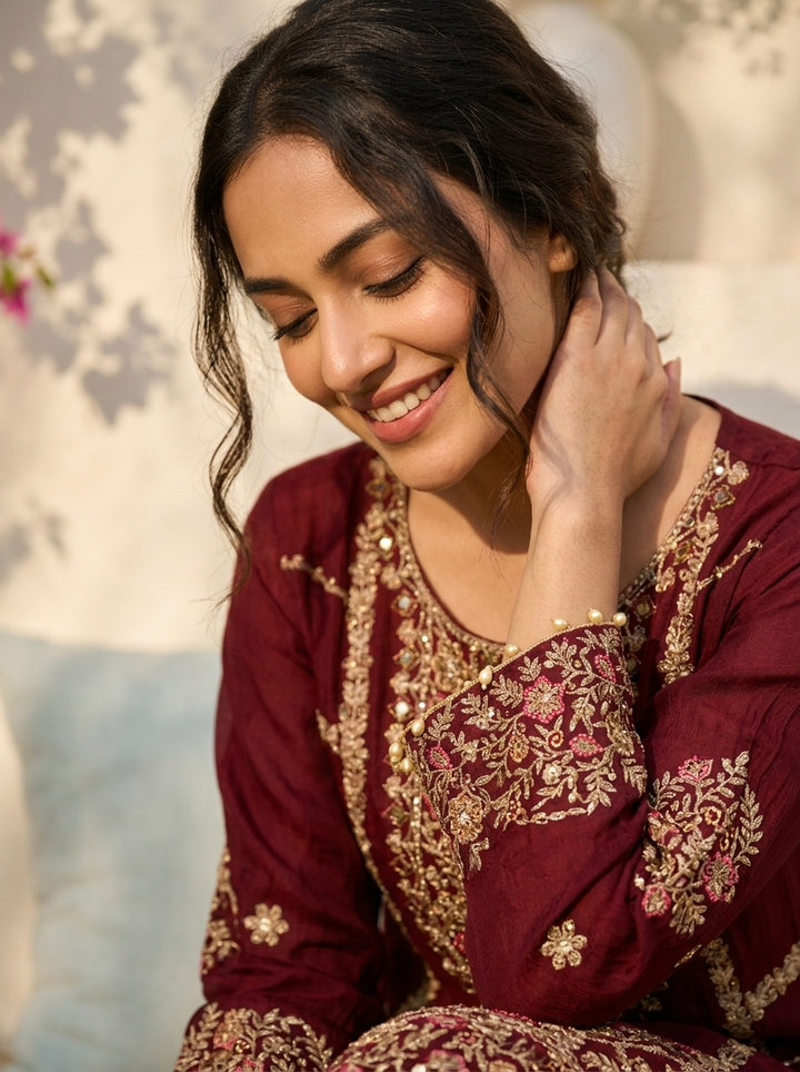 Brown Chinon Zari Embroidered Three Piece Set