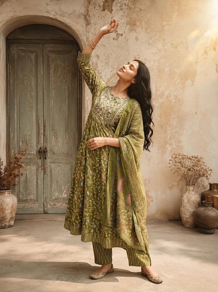 Olive Muslin Paisley Printed Three Piece Set