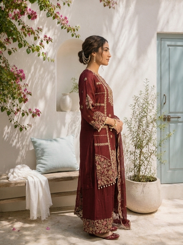 Brown Chinon Zari Embroidered Three Piece Set