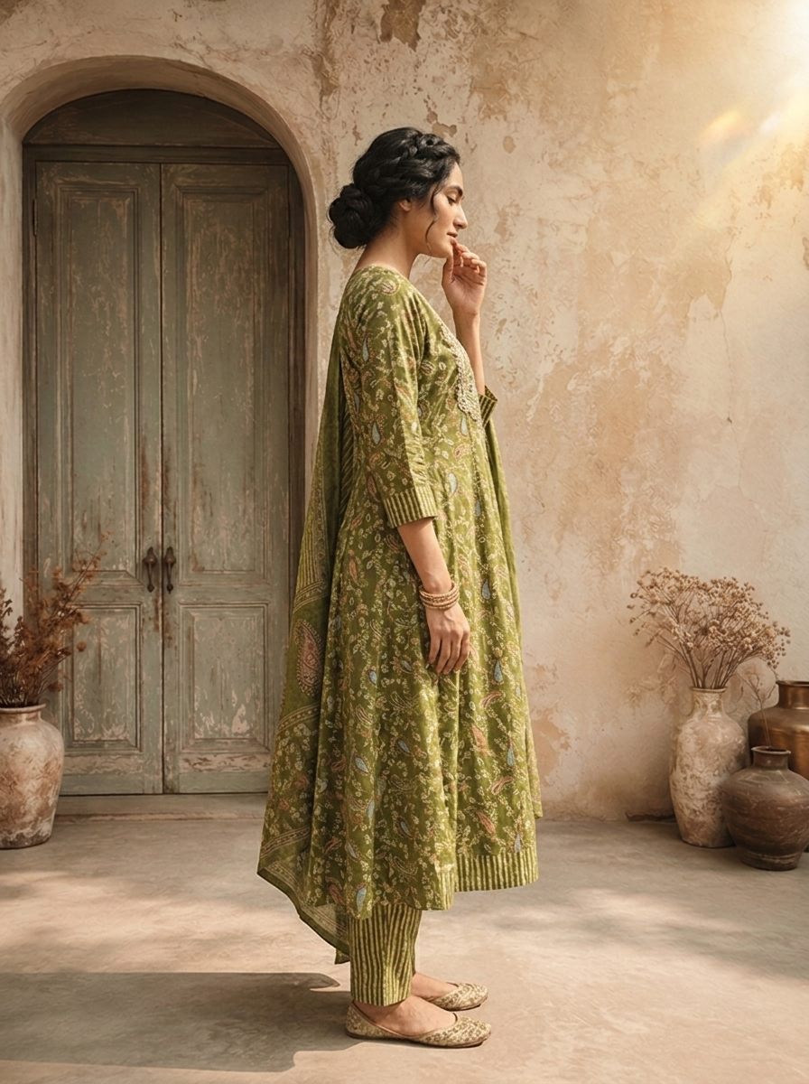 Olive Muslin Paisley Printed Three Piece Set