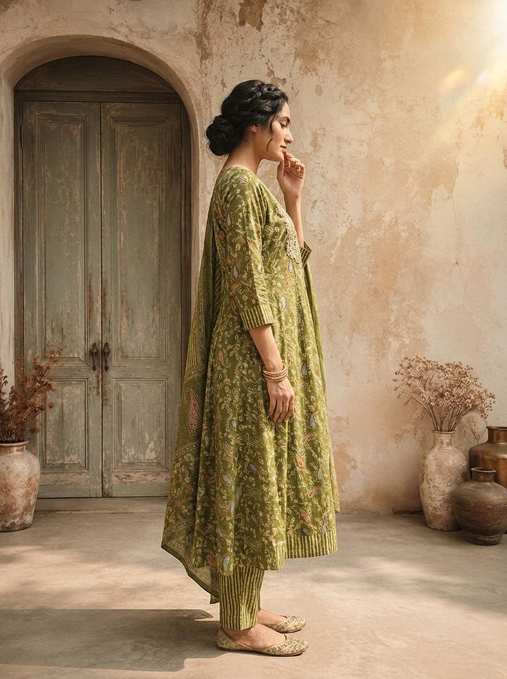 Olive Muslin Paisley Printed Three Piece Set