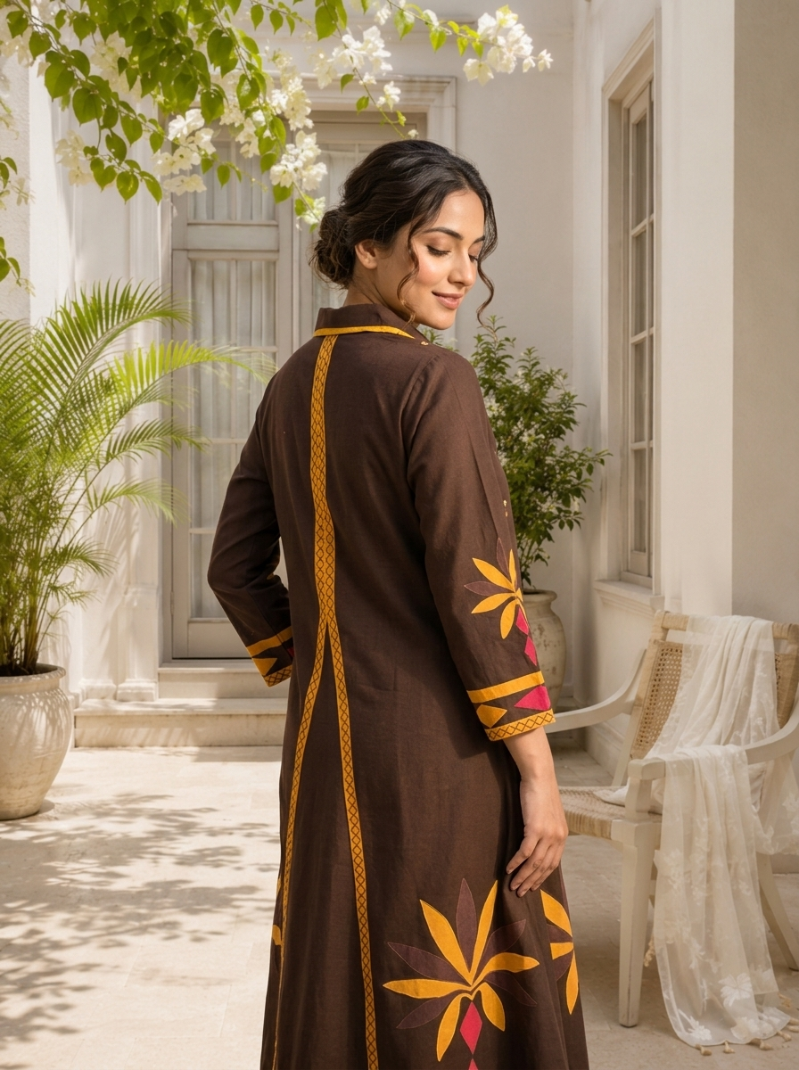Brown Cotton Geometric Applique Printed Two Piece Set