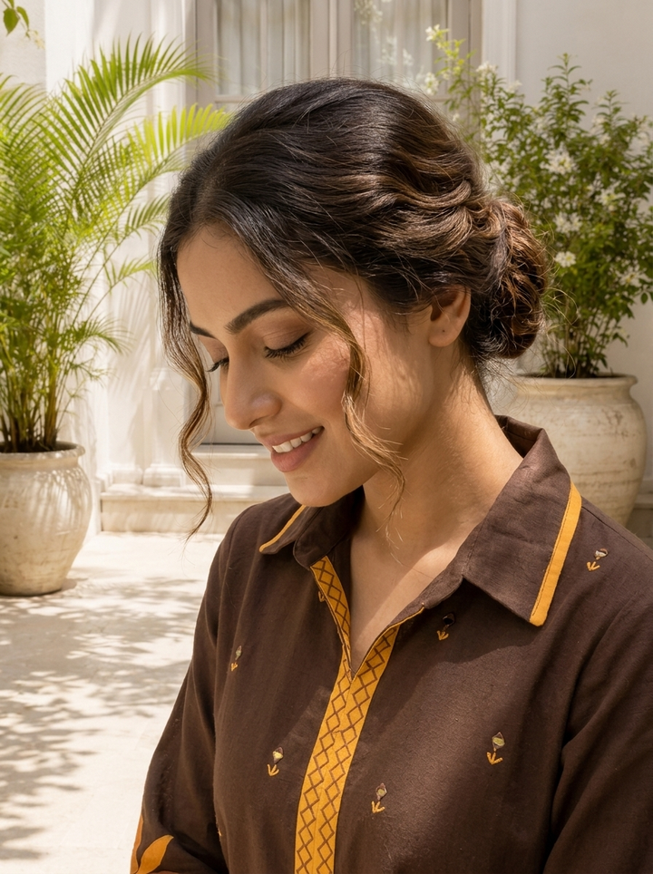 Brown Cotton Geometric Applique Printed Two Piece Set