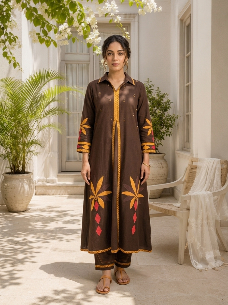Brown Cotton Geometric Applique Printed Two Piece Set
