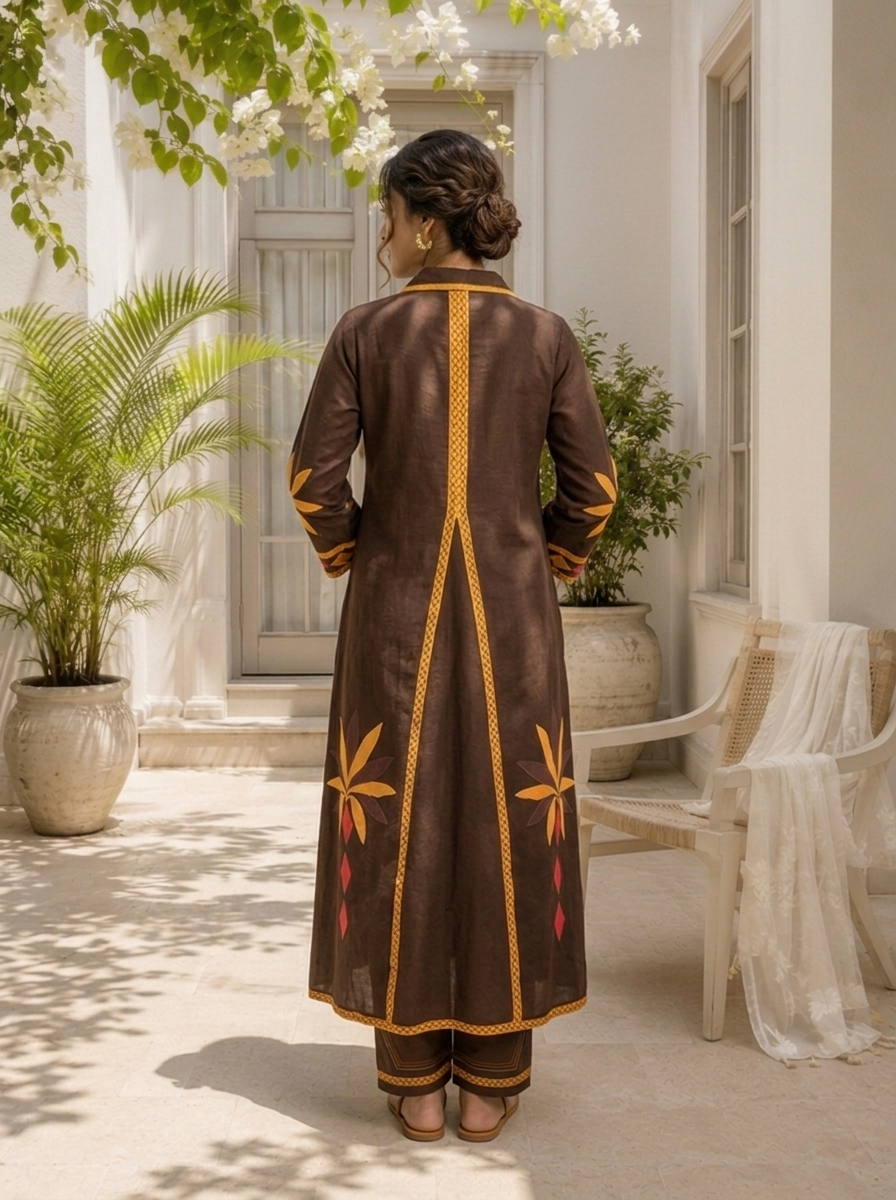 Brown Cotton Geometric Applique Printed Two Piece Set