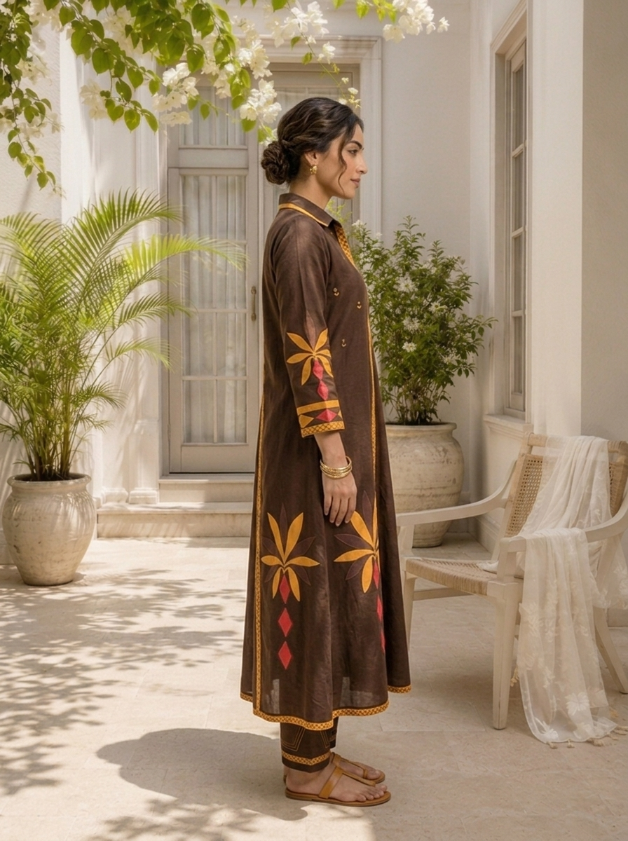 Brown Cotton Geometric Applique Printed Two Piece Set